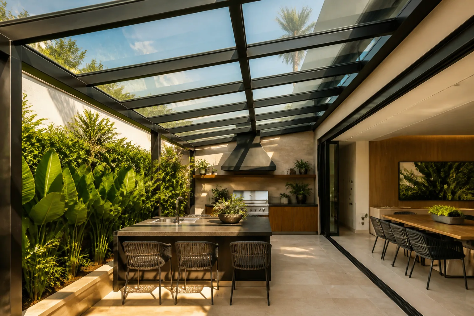 Cobertura de vidro laminado em area gourmet residencial em Brasilia DF