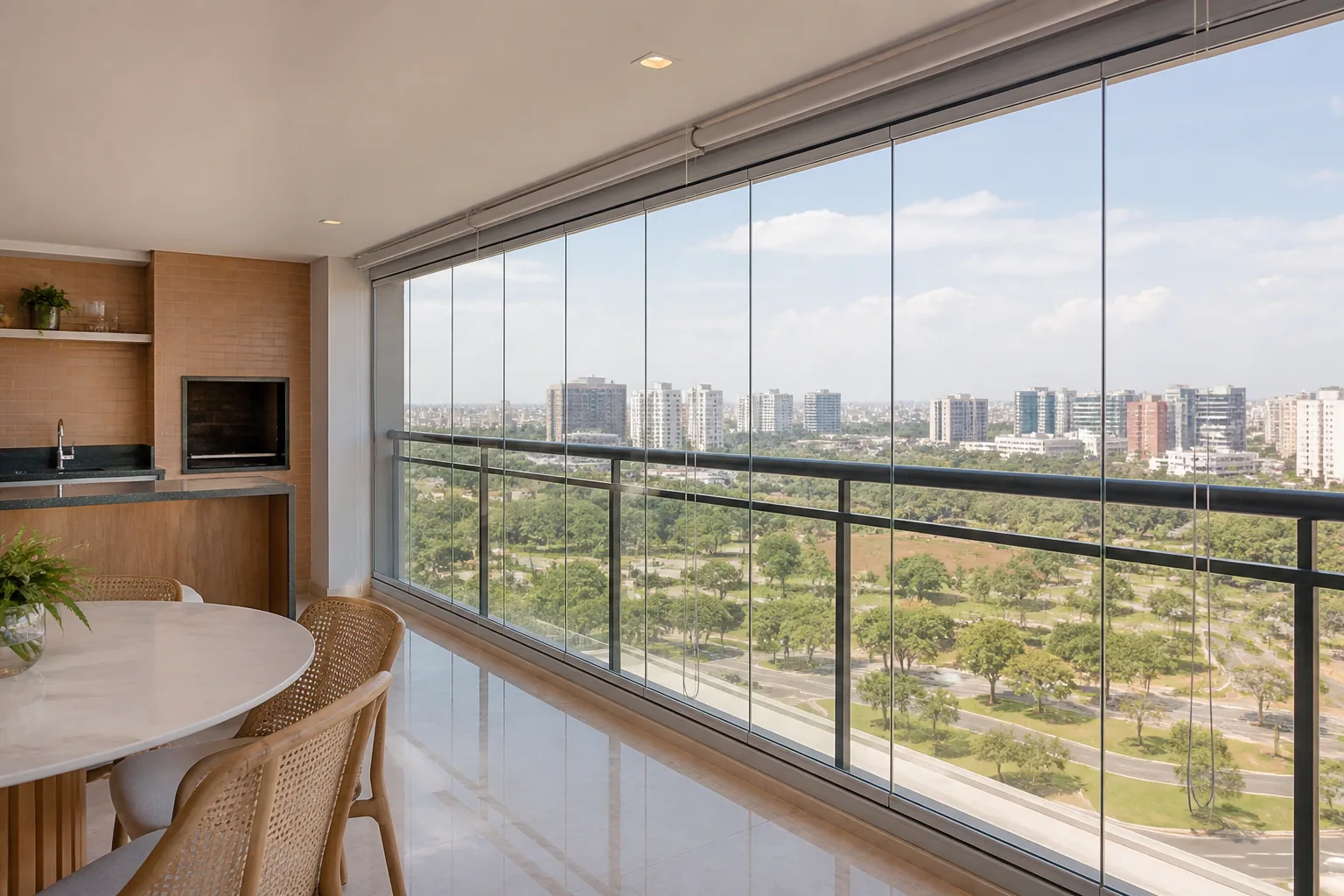 Fechamento de sacada com vidro em varanda gourmet de apartamento em Brasilia DF
