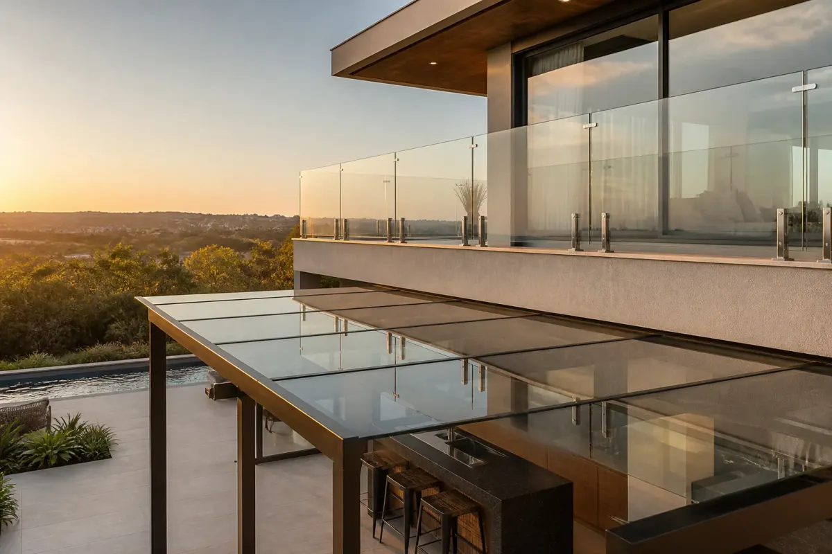 Residencia de alto padrao em Brasilia com guarda-corpo de vidro e cobertura de vidro sobre area gourmet