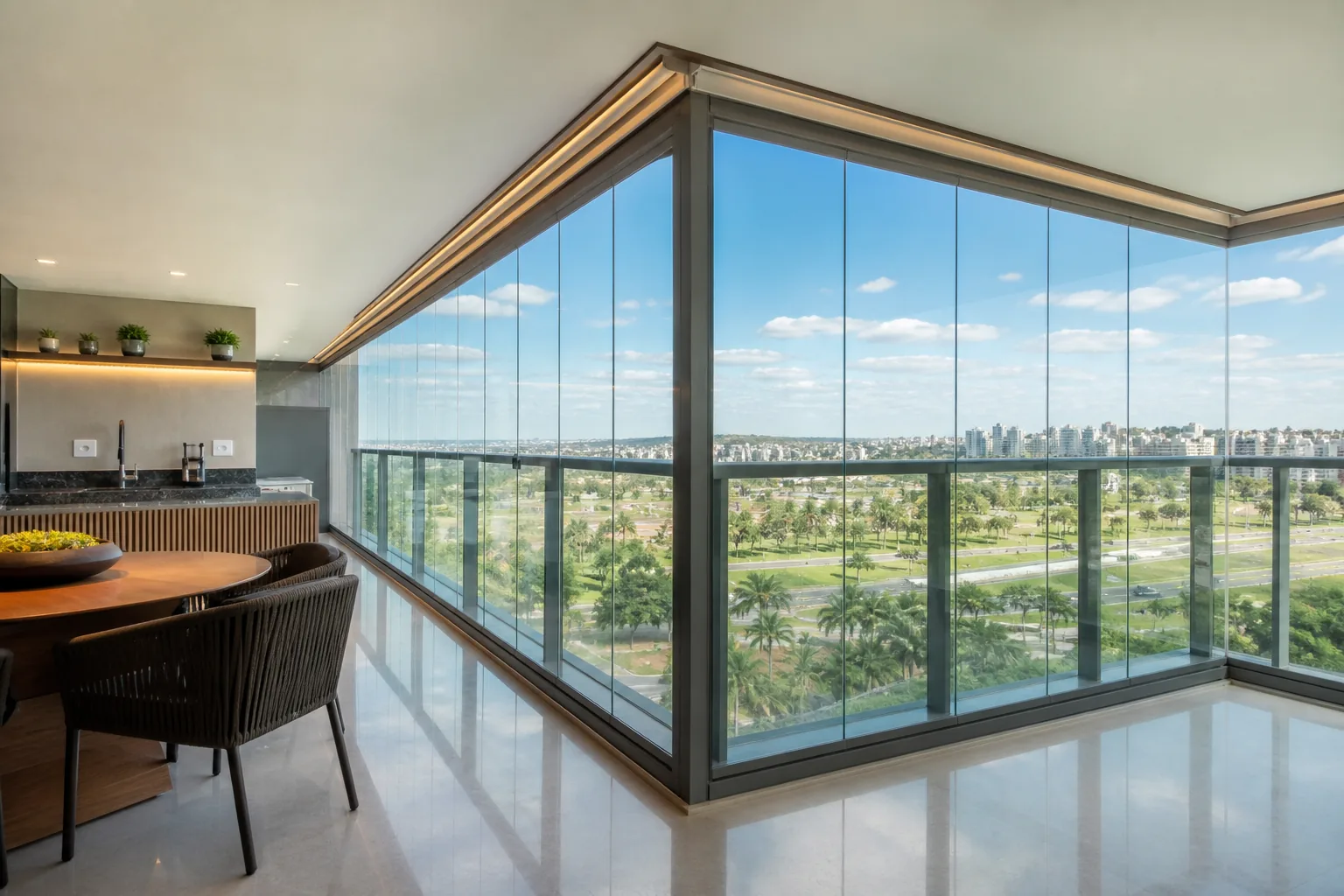 Fechamento de sacada com vidro em varanda gourmet de apartamento em Brasilia DF